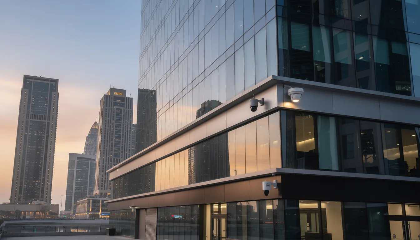 Modern Dubai building with integrated CCTV cameras
