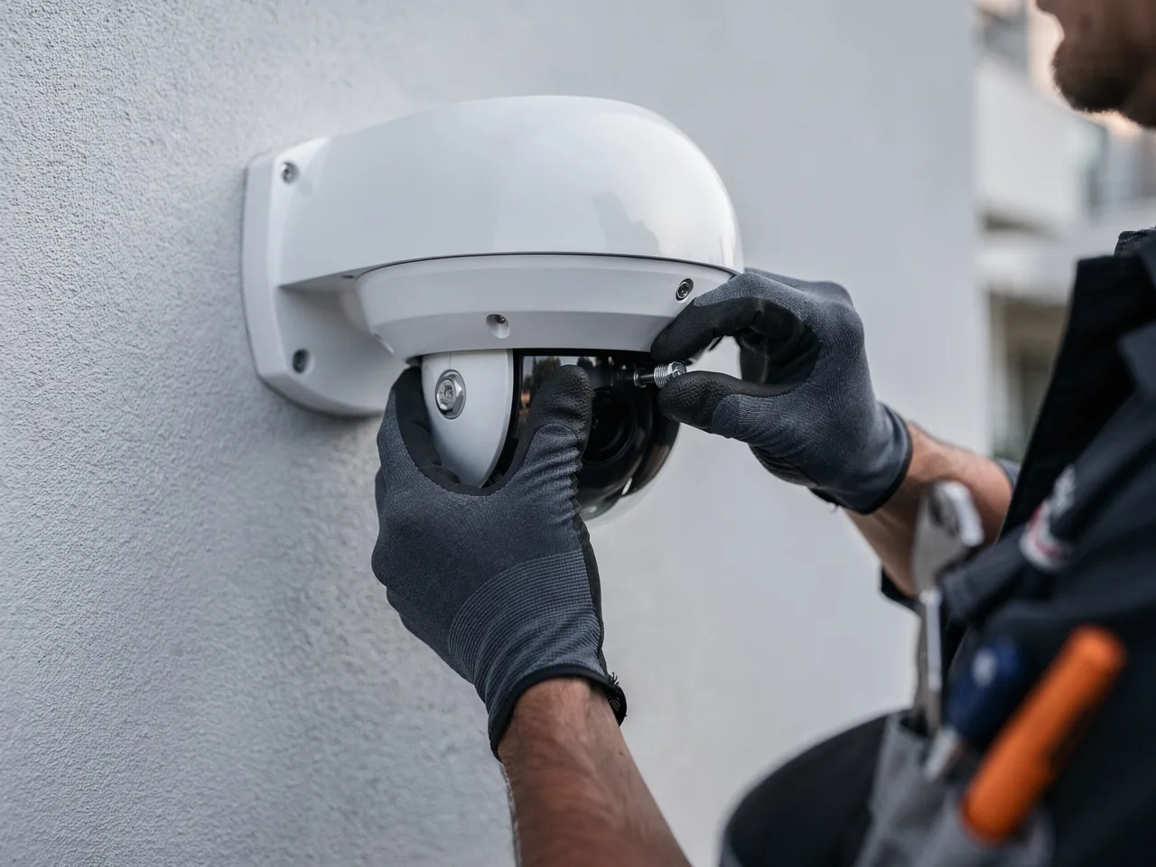 Technician adjusting a CCTV camera installation