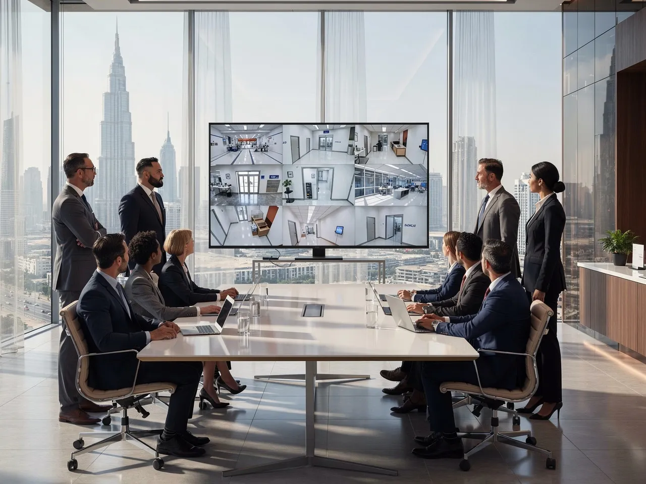 Professionals viewing CCTV footage in Dubai office