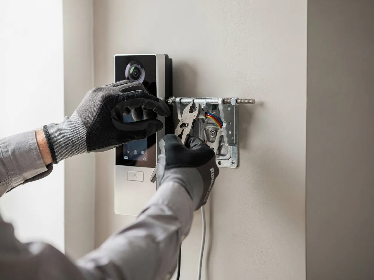Technician installing a video intercom unit