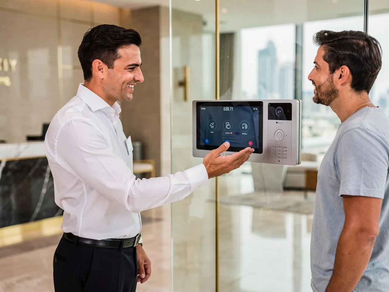 Building manager demonstrating intercom system in Dubai